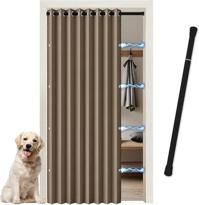 Produktbild von PolkaHome® Faltvorhang mit Stange, Plissee-Look, Verdunkelungsvorhang, Türvorhang, 195 cm hoch, 150 cm breit, Taupe