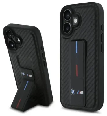 Produktbild von BMW M Grip Stand Smooth und Carbon Hülle kompatibel mit iPhone 16 – Schwarz