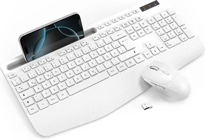 Obrázok produktu pre Bezdrôtová klávesnica a myš, 2,4 GHz, ergonomická klávesnica s opierkou na zápästie a držiakom, tichá, USB, pre Mac, Windows, PC, notebook