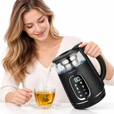 Produktbild von Glas-Wasserkocher 1,7 L, Edelstahl Teekocher, Trockenlaufschutz, Temperaturwahl 40–100 °C, Touchpanel, LED-Display, Teefilter