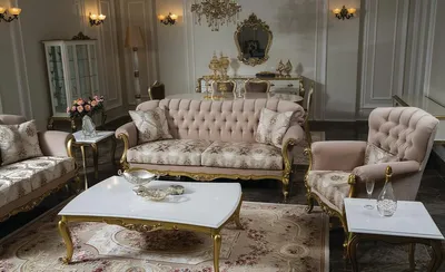 Produktbild von Casa Padrino Luxus Barock Wohnzimmer Set Rosa / Weiß / Gold - 2 Sofas & 2 Sessel & 1 Couchtisch & 2 Beistelltische - Wohnzimmer Möbel im Barockstil - Edel & Prunkvoll
