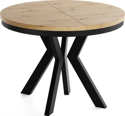 Produktbild von Runder Esstisch Ausziehbar 100-200 cm XXL Groß – Verlängerbar, für 5-10 Personen mit Schwarzen Holzbeinen & Metallring – Tisch für Wohnzimmer & Esszimmer in Eiche Artisan Hellbraun