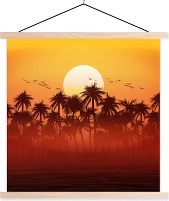 Produktbild von MuchoWow® Textilposter Sonne - Palme - Vogel 120x120 cm mit holzfarbenen Rahmen - Textil-Poster