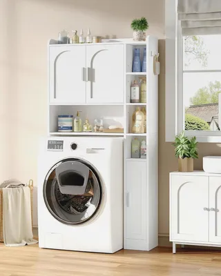 Produktbild von Waschmaschinenschrank mit 3 Türen, Verstellbare Ablagen, Waschmaschinenregal mit 5 offenen Fächern, für Badezimmer, Toilette und Waschküche, 24 x 82 x 170 cm, Weiß,
