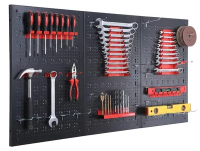 Produktbild von Relaxdays Werkzeugwand, 3 Lochwände, 30-tlg. Zubehör, HxB: 60 x 40 cm, Metall, Werkzeuglochwand, Werkstatt, schwarz/rot