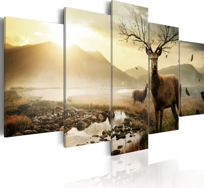 Produktbild von Leinwandbilder Natur 200x100 cm Vlies Leinwandbild 5 tlg Kunstdruck modern Wandbilder XXL Wanddekoration Design Wand Bild - Tiere Hirsch Gebirge Landschaft 030116-3