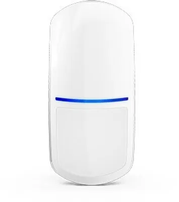 A white motion sensor with a blue LED light strip.