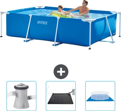 Produktbild von Intex-Schwimmbecken mit rechteckigem Rahmen – 260 x 160 x 65 cm – Blau – im Lieferumfang enthalten Filterpumpe für Schwimmbad - Solarmatte - Bodenplane
