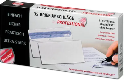 Obrázok produktu pre Profesionálna obálka 30051783 Revelope® - 112 x 225 mm, bez okienka, biela, 90 g/m2, s potlačou vnútri, lepidlo Revelope, 35 kusov