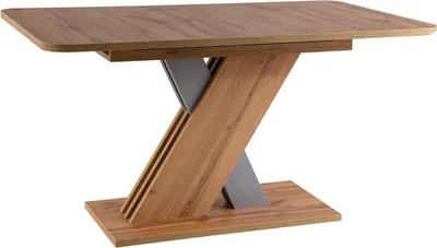 A modern dining table with a wooden top and a unique, angular base made of wood and gray metal.