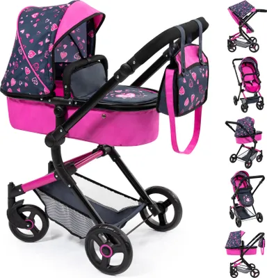 Produktbild von Bayer Design 18418AA Kombi-Puppenwagen Neo Vario mit Tasche, wandelbar als Jogger, verstellbarer Griff, integrierter Korb, pink, schwarz mit Herzen