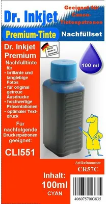 Produktbild von CR57C - cyan - Dr.Inkjet Premium Nachfülltinte in 100ml - 250ml - 500ml - 1000ml Abfüllungen für Canon Druckerpatronen CLI551C
