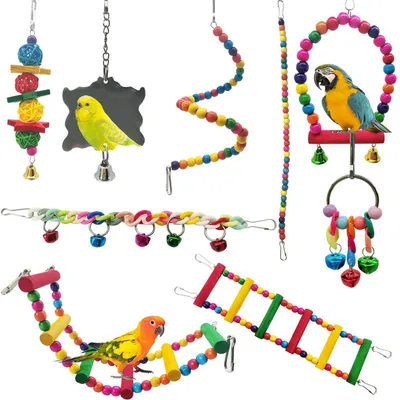Image de Jouet pour perroquets : balançoire, jouet à mâcher, bois naturel, clochette suspendue, lot de 7 pièces