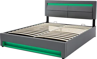 Produktbild von Polsterbett 140 x 190 cm, mit USB-Anschluss, mit LED-Beleuchtung und Stauraum, ohne Matratze, PolyurethanLychee Design, grau
