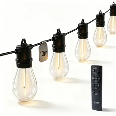 Produktbild von Calex Lichterkette 10 Meter, LED Lichterkette mit 10 Lampen, Warmweißes Licht, Gartenbeleuchtung, Wasserfest IP54, 110 Lumen, mit Fernbedienung
