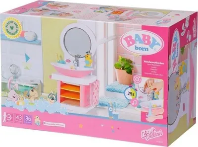 The image shows the packaging of a BABY born Bath Handwaschbecken toy set, featuring a miniature bathroom scene with a sink, mirror, and accessories.
