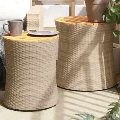 Produktbild von vidaXL Zahradní stolky 2 ks s dřevěnou deskou Béžový polyratan