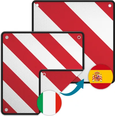 Produktbild von Wiltec 2in1 rot weiße Warntafel Spanien und Italien aus Aluminium mit Befestigungslöchern 500x500 mm reflektierend Warnschild für Fahrradträger und Heckträger zur Kennzeichnung überstehender Ladung