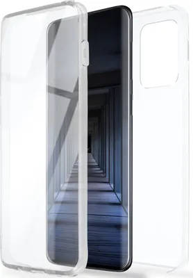 A clear phone case is shown with a smartphone inside, displaying a hallway image on its screen.