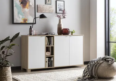 Dressoir, 3 Türen, 3 offene Fächer, 144,5x39x78,1 cm, eichen/kreideweiß