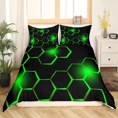 Zdjęcie produktu dla Komplet pościeli geometryczny, wzór "ul", kolor czarny i zielony, rozmiar 135x200 cm, wykonany z mikrofibry