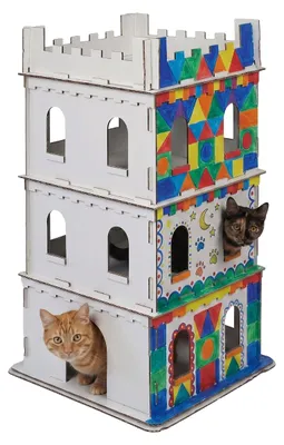 Produktbild von Relaxdays Katzenburg, 3 Etagen, Katzenschloss, Papphaus zum Bemalen, Stecksystem, HBT: 107,5x62x62 cm, Pappe, weiß