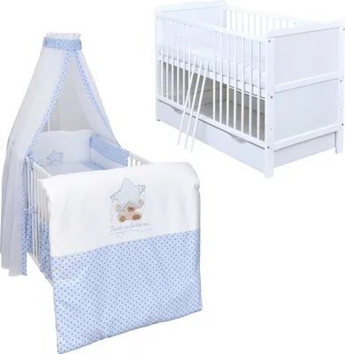 Produktbild von Baby-Delux Babybett Kinderbett Jack 140×70 weiß inkl. Schublade Bettwäsche komplett Set Twinkle Star Blau