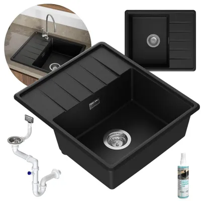 Produktbild von GRANMASTER FONDO Granitspülbecken mit manueller Siphon SPACE SAVER und Imprägniermittel – 1-komorige Spüle kratzfest, hitzebeständig