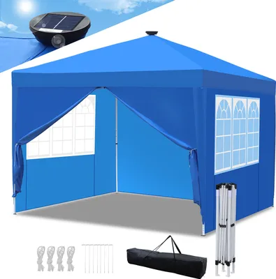 Immagine prodotto di TolleTour gazebo pieghevole 3x3m blu con luce LED solare con pareti laterali tenda per feste protezione UV regolabile in altezza con borsa per il trasporto, per il campeggio all'aperto in giardino