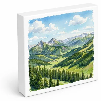 Produktbild von Bergidylle Berglandschaft bei Tag Holzbild in 15x15 cm zum Stellen oder