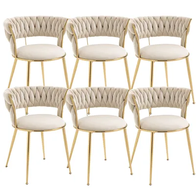 Image de LVHOM Chaise de salle à manger velours Lot de 6 chaises avec dossier, chaise rembourrée Chaise de cuisine avec pieds métalliques dorés, Ivory
