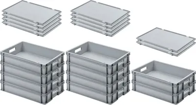 Produktbild von SuperSparSet 10x Eurobehälter mit offenem Griff und Scharnierdeckel | HxBxT 12x40x60cm | 21 Liter | Grau | Eurobox, Transportbox, Transportbehälter, Stapelbehälter