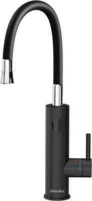 A black kitchen faucet with a flexible hose.