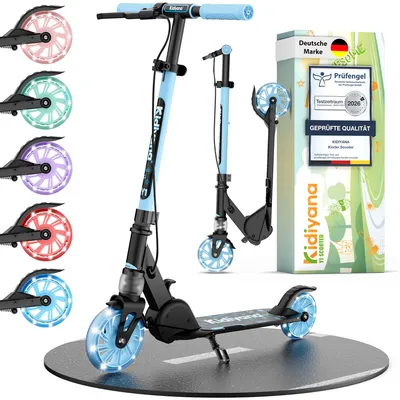 Immagine prodotto di Monopattino Kidiyana per bambini dai 5 anni in su fino a 50 kg – monopattino pieghevole con ruote a LED, freno a mano, ammortizzatori e manubrio regolabile in altezza