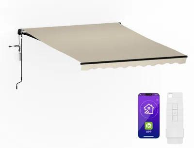 Produktbild von Blumfeldt CloudShade Markise – 3m elektrische Gelenkarmmarkise mit App & Fernbedienung, UV 30+ & Regenschutz, Neigungswinkel einstellbar, Aluminiumrahmen, einfache Wandmontage, 295x250 cm, Beige
