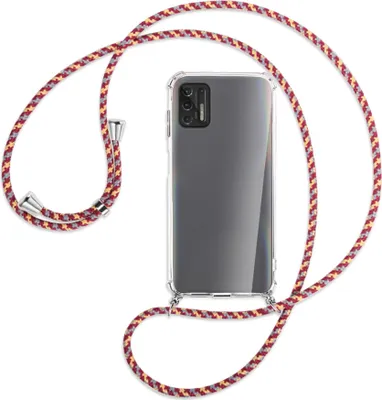 Produktbild von Handykette Backcover-Schutzhülle mit Band (Metall silberfarben) für Motorola Moto G Pro 2021 - weinrot/gelb/grau