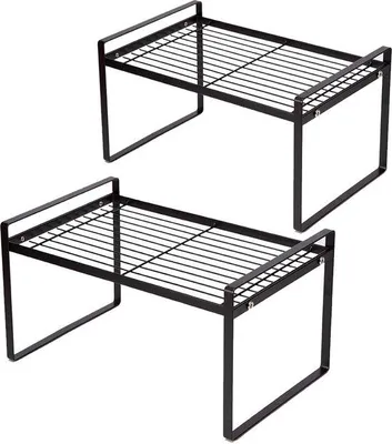 Produktbild von Unyqoos® Stapelbares Küchenregal 2er-Set – schwarzer Metall-Organizer als Einlegefach/Tellerregal, 33 x 20,5 x 37 cm, platzsparend für Geschirr & Gewürze