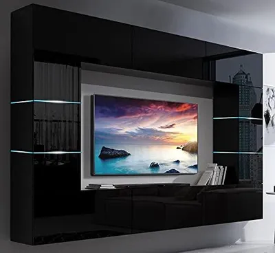 Image de Furnitech Meuble-paroi Salon - Meubles de salon avec LED RGB - Suspendu Meuble-paroi Moderne avec étagères et armoire TV (Future 61/HG/B/1 1B)