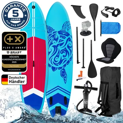 Produktbild von BRAST SUP Board Turtle | Aufblasbares Stand up Paddle Set | 320x81x15cm | 4 Designs | inkl. Sonderzubehör | 2in1 Paddel Kajak-Sitz Action-Cam-Halterung Fußschlaufe | Blau