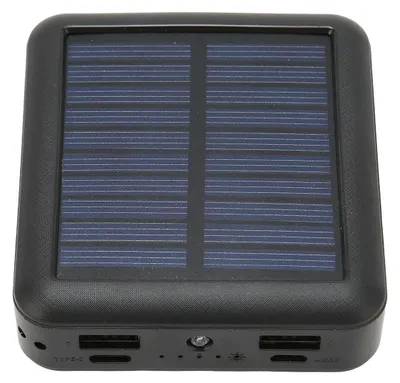 A black solar power bank with a blue solar panel on top.