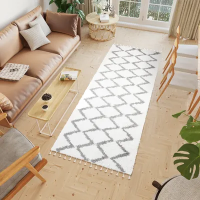 Produktbild von Teppichläufer Flur Teppich Hochflor Langflor Modern Brücke Wohnzimmer Schlafzimmer Design Shaggy Creme Grau 100 x 250 cm
