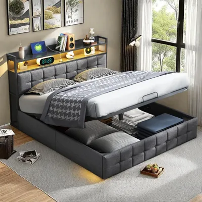 Immagine prodotto di Letto box 140x200 cm in tessuto grigio con base a molle insacchettate, testata illuminata a LED, presa UE integrata, design moderno e pratico