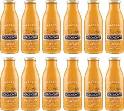 Produktbild von 12x Agromonte Passata di Pomodoro e Ciliegino Giallo Tomatenpüree und Gelbe Kirsche Tomatensauce Tomaten Sauce Glasflasche von 520g