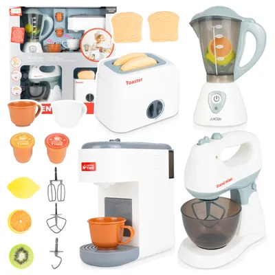 Immagine prodotto di Set da cucina Malplay: piccoli elettrodomestici per bambini (macchina per caffè espresso, frullatore, tostapane, ciotola per impastare) – Regalo per bambini dai 3 anni in su