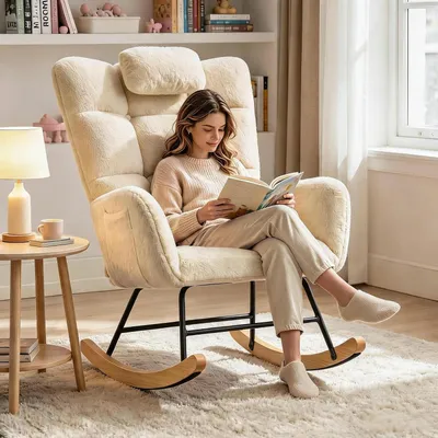 Produktbild von Schaukelsessel mit Kopfstütze Teddyfell camel gepolstert Sessel Wohnzimmer Schlafzimmer Balkon Kuschelsessel Schaukelstuhl