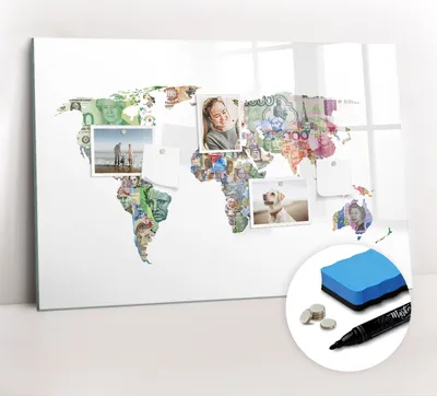 Produktbild von Magnetpinnwand Memoboard - Zubehörsatz - Schwarzer Marker + Schwamm + Magnete - 90 x 60 cm - Banknowy-Weltkarte