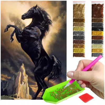 Produktbild von ARTULIO - Diamond Painting Set - Schwarzes Pferd - 60 × 40 cm - Groß XXL - 5D Diamant Painting, Komplettset Mosaik + Zubehör