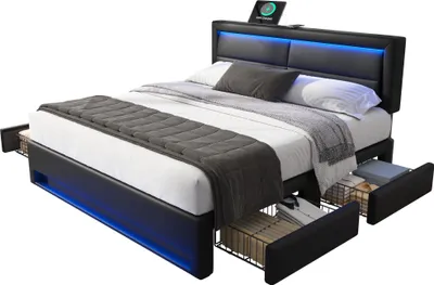 Image de Lit capitonné 140 x 190 cm avec port USB, avec éclairage LED et quatre tiroirs de rangement, sans matelas, designPolyuréthanelitchi, noir