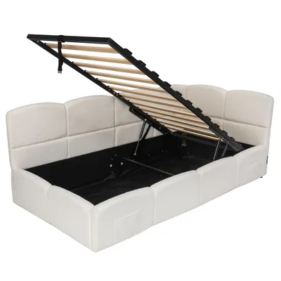 Produktbild von Flieks Hydraulisches Polsterbett 90x200cm mit Stauraum, Schlafsofa Tagesbett mit USB & Type-c, Stauraumbett Einzelbett, Bouclé, Beige