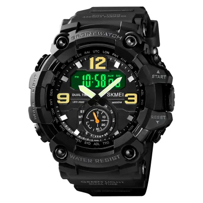 Produktbild von SKMEI Classic Herren-Digital-Sportuhr, 5 ATM wasserdicht, mit Alarm, Stoppuhr, LED-Hintergrundbeleuchtung, Dual-Display, analoge Armbanduhr (12/24-Stu
